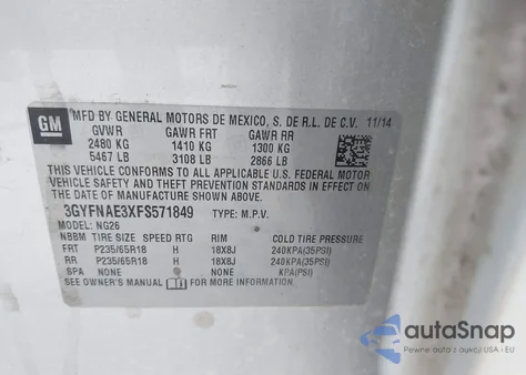 2015 Cadillac Srx Standard z USA, uszkodzony, nr VIN 3GYFNAE3XFS571849